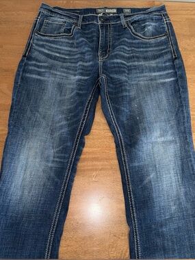 BKE Nolan Straight Leg Jeans Mens 36R Medium Wash Denim Buckle Casual